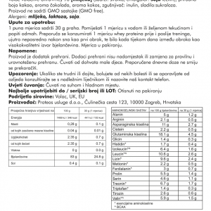 Poleđina pakiranja Proteos Whey izolat 93 proteina s detaljnim nutritivnim vrijednostima i sastavom na hrvatskom jeziku.