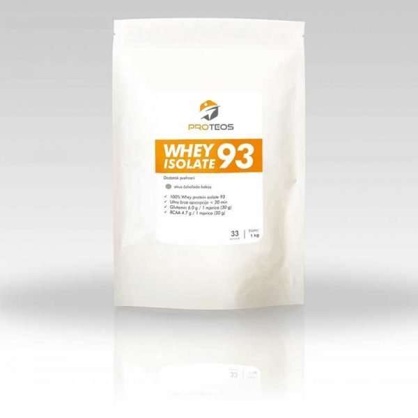 Pakiranje Proteos Whey izolat 93 proteina od 1 kg, okus čokolada, s istaknutim certifikatom Informed Sport.
