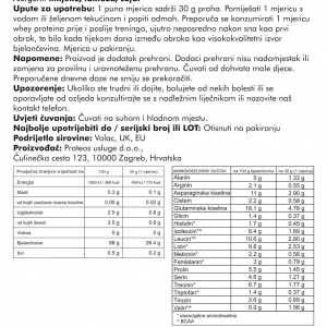 Poleđina pakiranja Proteos Whey izolat 93 proteina s detaljnim nutritivnim vrijednostima i sastavom na hrvatskom jeziku.