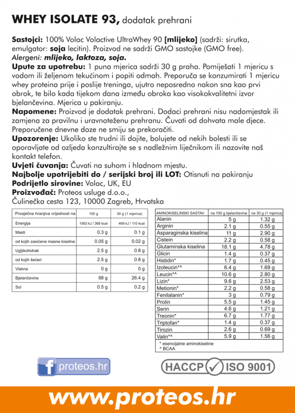 Poleđina pakiranja Proteos Whey izolat 93 proteina s detaljnim nutritivnim vrijednostima i sastavom na hrvatskom jeziku.