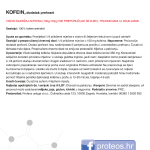 Poleđina pakiranja Proteos kofein u prahu s tablicom nutritivnih vrijednosti, sastojcima i uputama za pravilno doziranje.