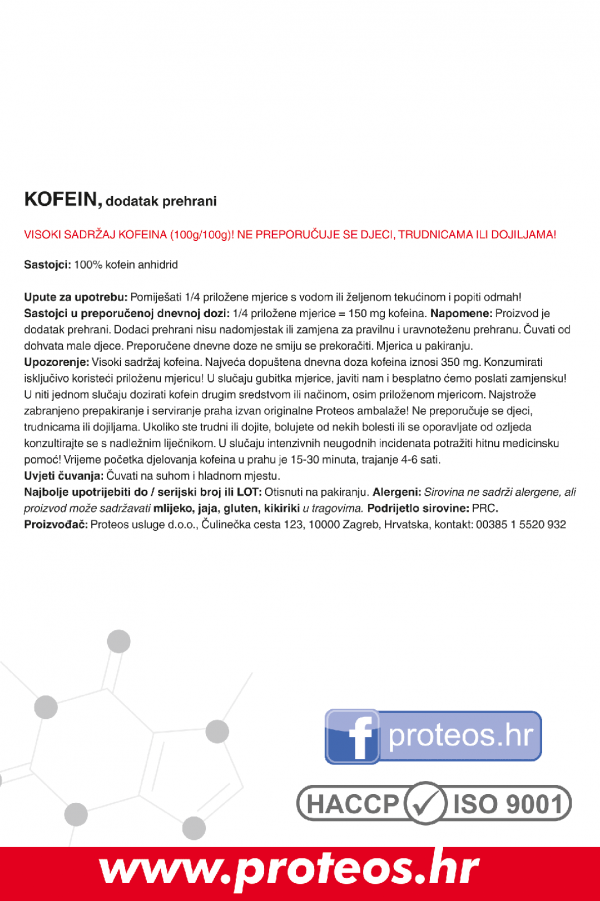Poleđina pakiranja Proteos kofein u prahu s tablicom nutritivnih vrijednosti, sastojcima i uputama za pravilno doziranje.