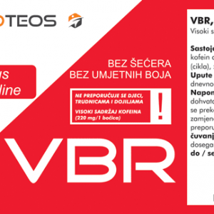 Deklaracija VBR Energy Shot bočice s prikazom nutritivne tablice, udjelom kofeina i informacijama o energetskoj vrijednosti.