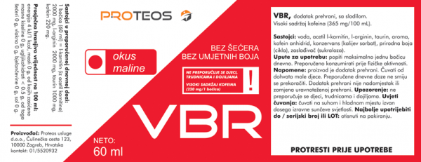 Deklaracija VBR Energy Shot bočice s prikazom nutritivne tablice, udjelom kofeina i informacijama o energetskoj vrijednosti.